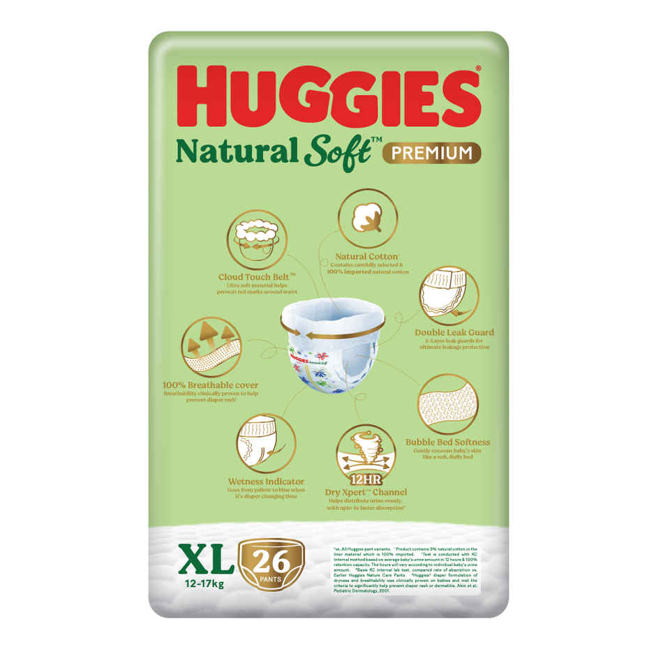 Huggies Natural Soft Premium Baby Diapers | Pant Style | XL | 26 pcs