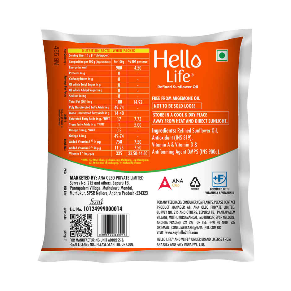 Hello Life Refined Sunflower Cooking Oil | Portable Pouch