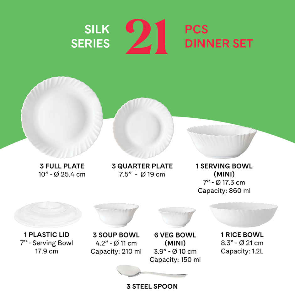 Larah by Borosil Coral Dinner Set | Opalware Crockery for Dining & Gifting | White - 21 pcs