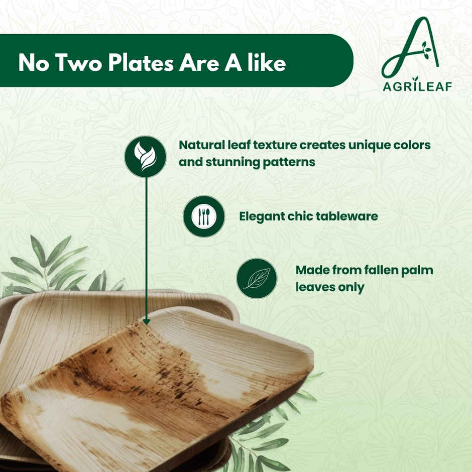 AGRILEAF 10 Inch Square Areca Palm Leaf Disposable Plates with Spoons | 5 Plates + 5 Spoons