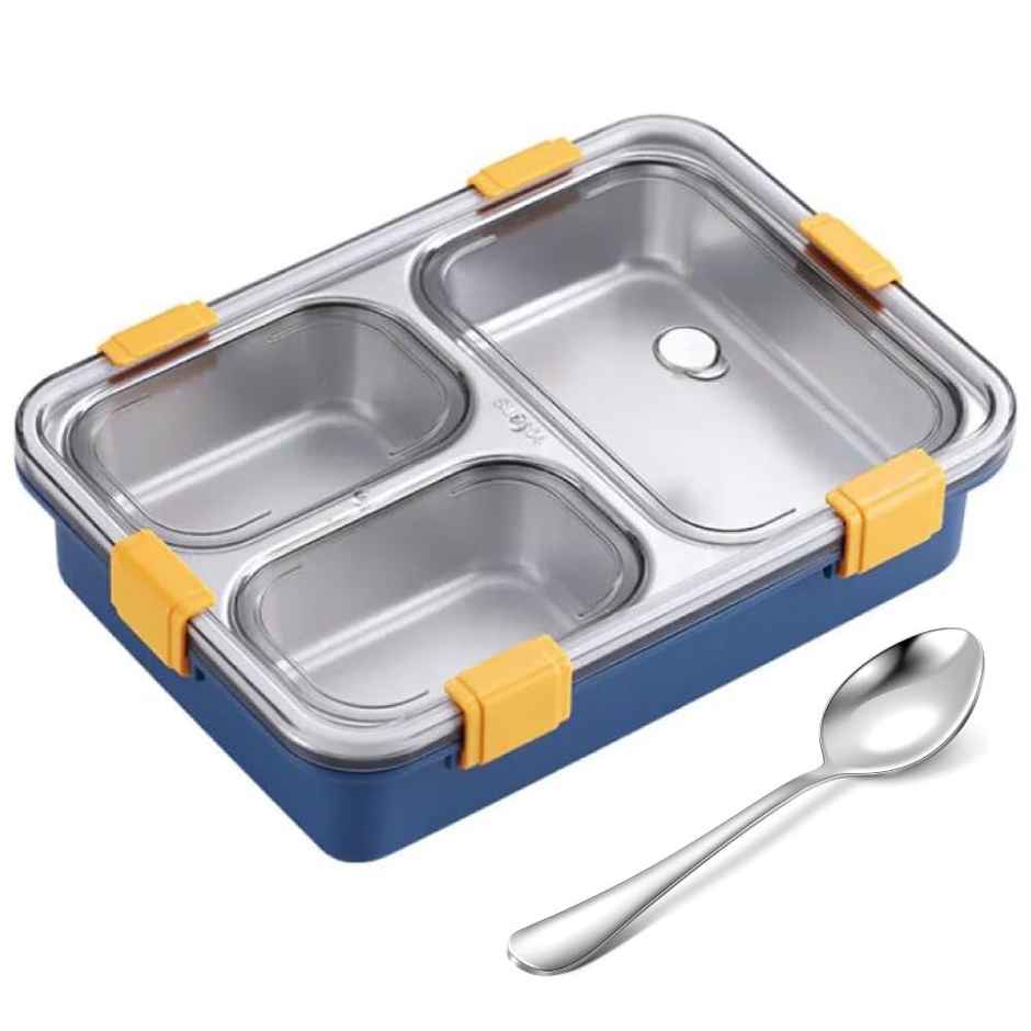 Clazkit 3 Compartment Stainless Steel Lunch BoxPack of 1 Blue,750ML