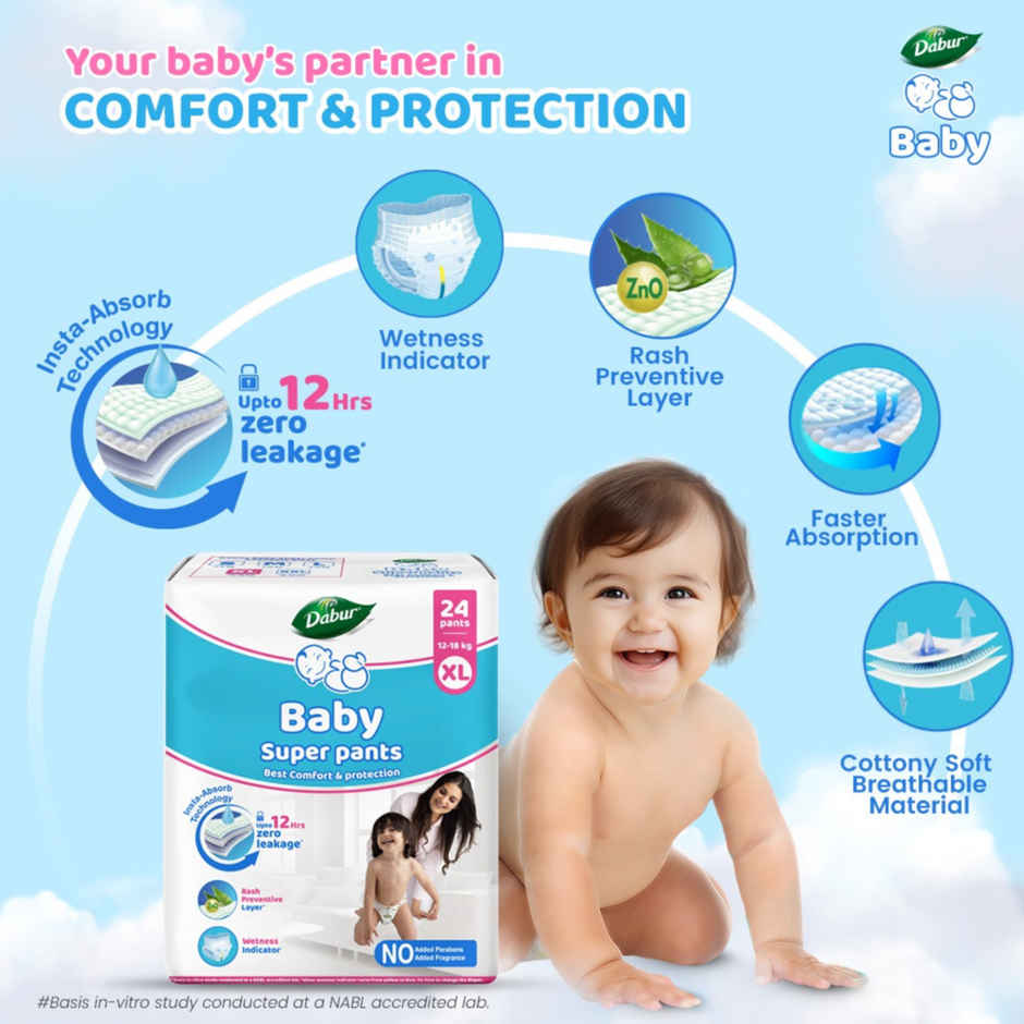 Dabur Baby Super Pants - XL 24 Pcs 12-18 Kg Insta-Absorb Technology Baby Diaper