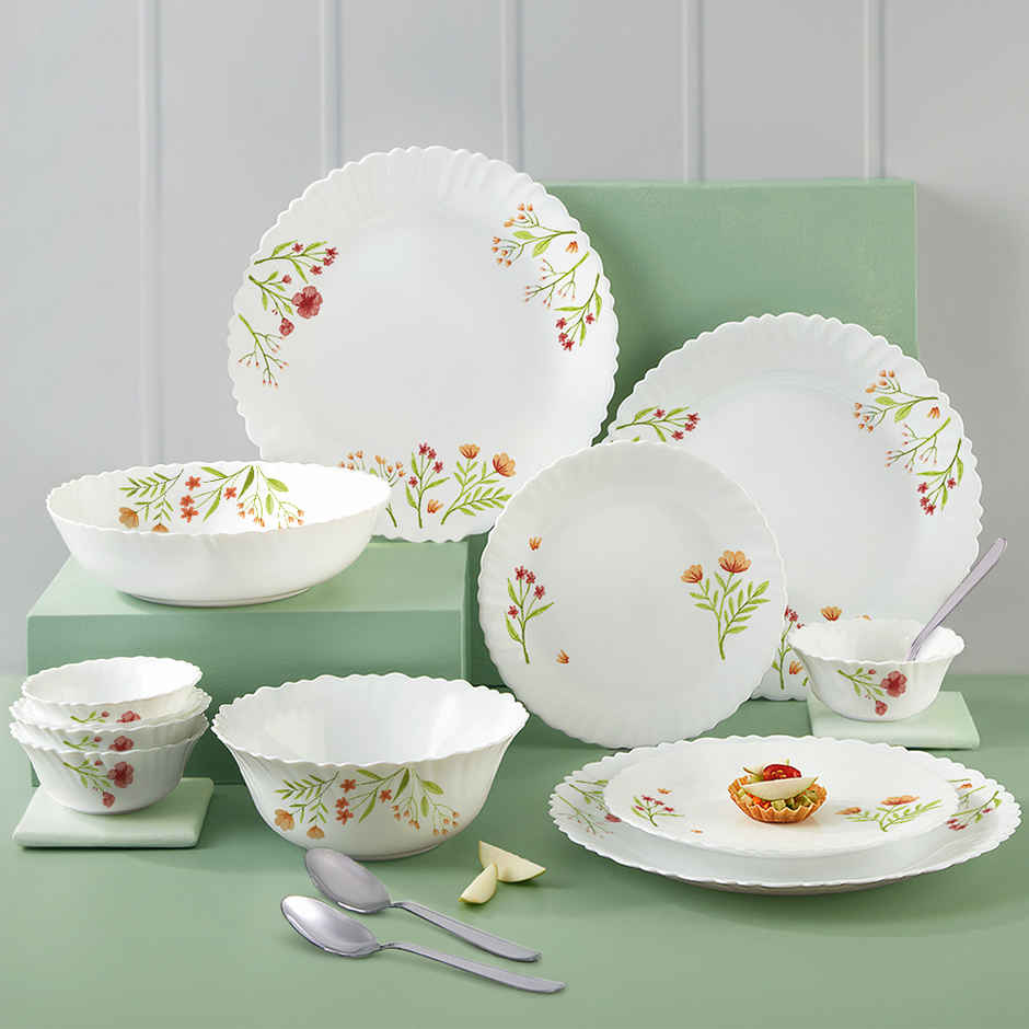 Larah by Borosil Coral Dinner Set | Opalware Crockery for Dining & Gifting | White - 21 pcs