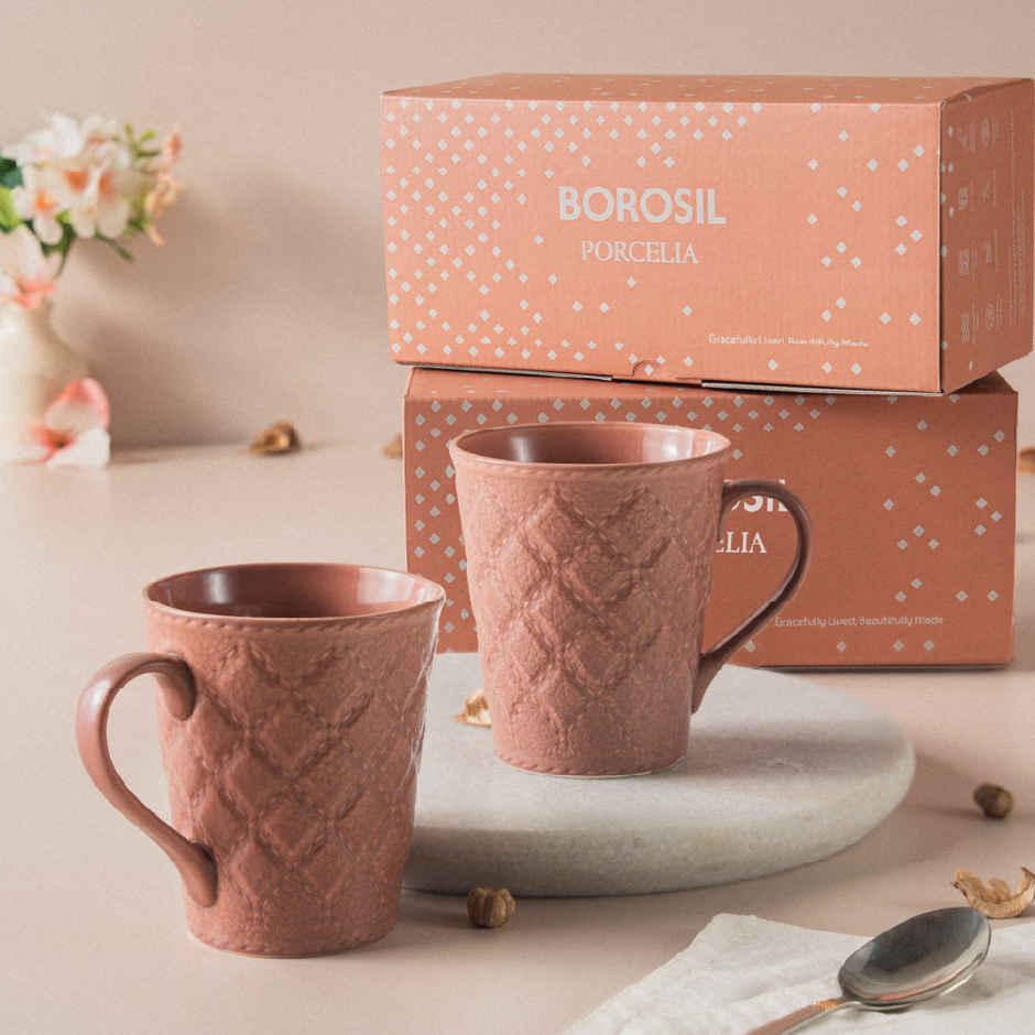 Borosil Porcelia Velvetto Merlot Tea Coffee Porcelain Mug Set Microwave Dishwasher Safe