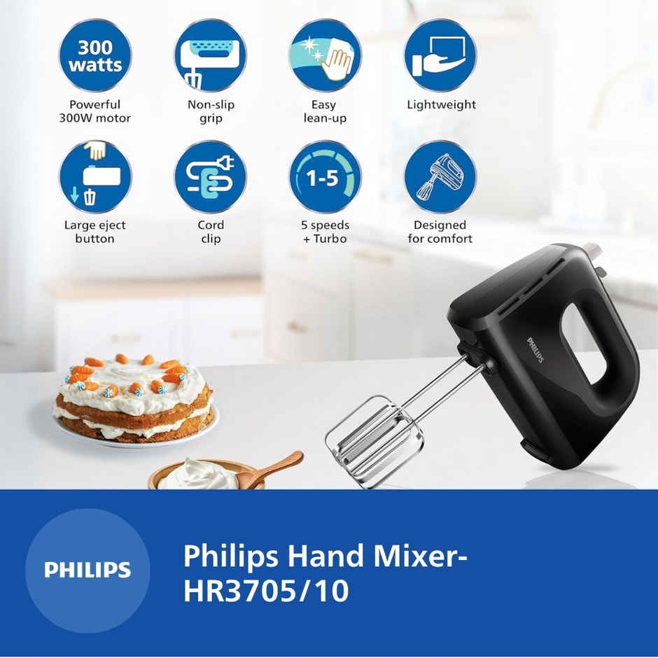 Philips Hr3705/10 300 Watt Lightweight Hand Mixer, Blender With 5 Speed Control Settings