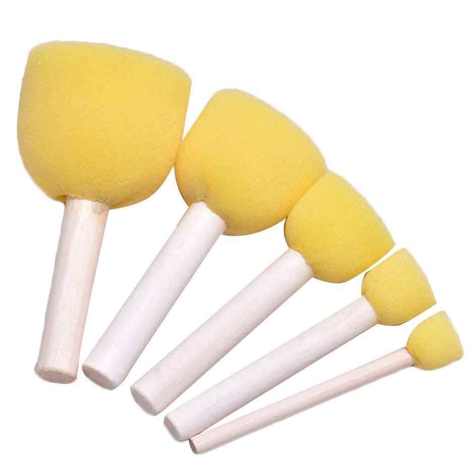 Chrome 5 Pcs Round Stencil Sponge Wooden Handle Foam Brush Set Painting Tools For Kids