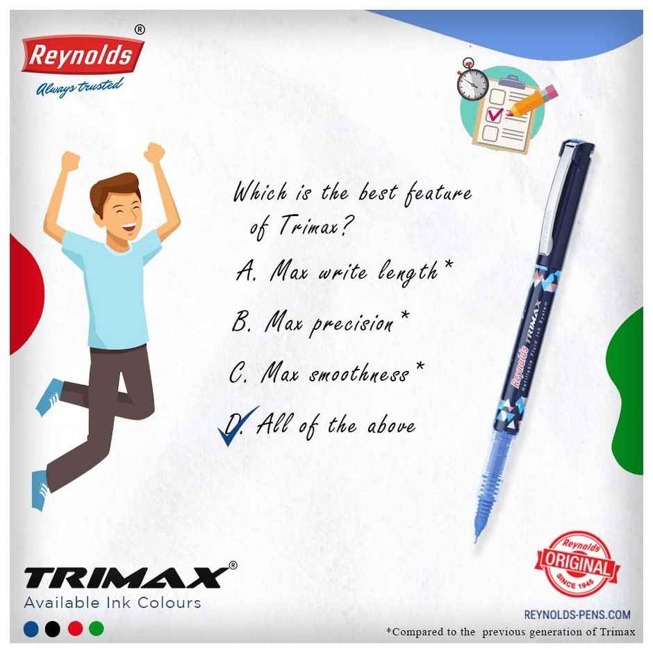 Reynolds Trimax Roller Ball Pen Set (5 Pens - 3 Blue Pens; 1 Black Pen; 1 Red Pen )