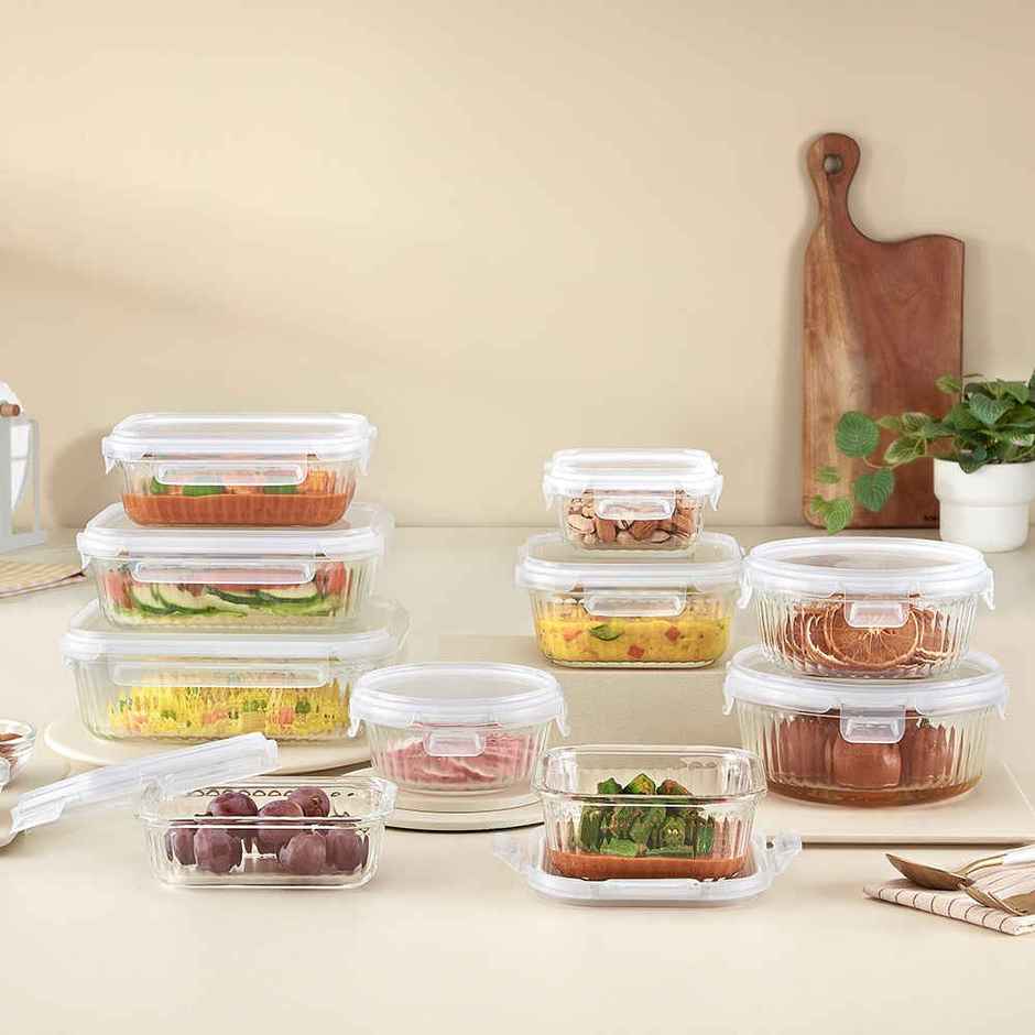 Borosil Fluted Klip N Store Round Food Storage Container Borosilicate Glass Microwave Safe