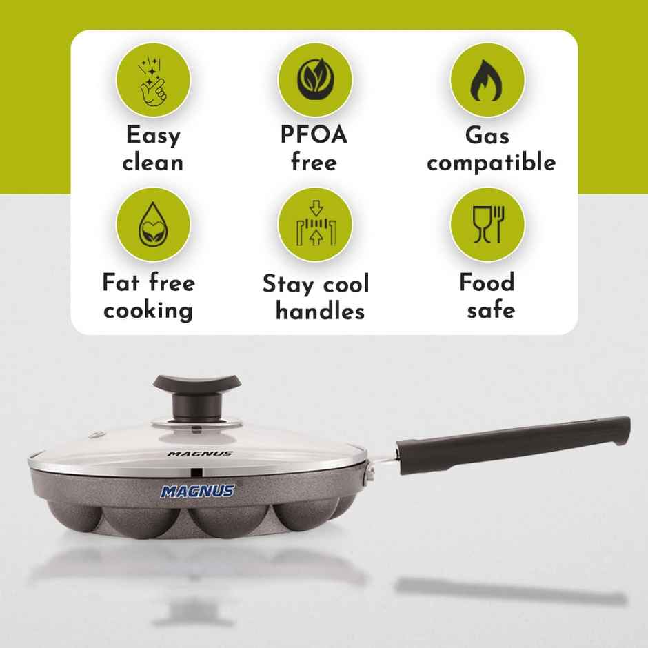 Magnus Heavy Base Non-Stick Appam Maker With Glass Black With Lid Gas Stove Compatible