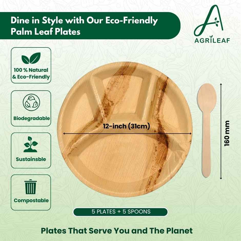 AGRILEAF 12 Inch Round 4-Compartment Areca Palm Leaf Disposable 5 Plates with 5 Spoons