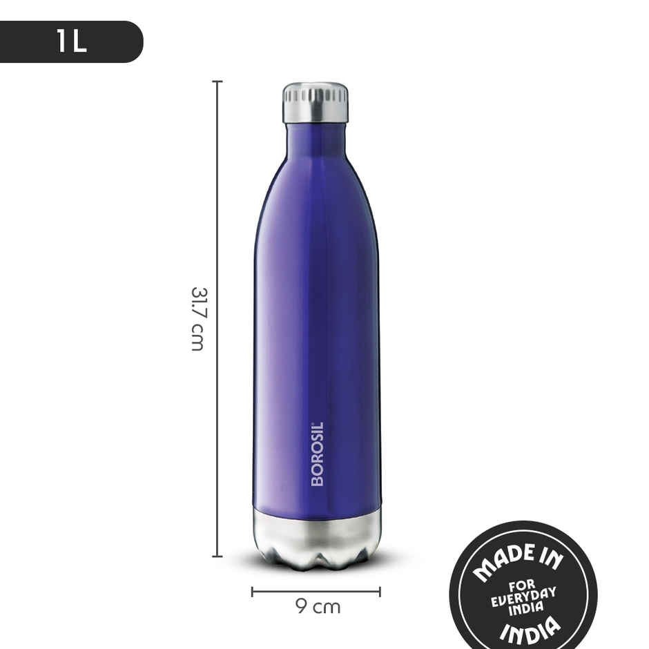 Borosil Bolt Double Wall Vacuum Insulated Stainless Steel Water Bottle | Trans Blue | 1 L