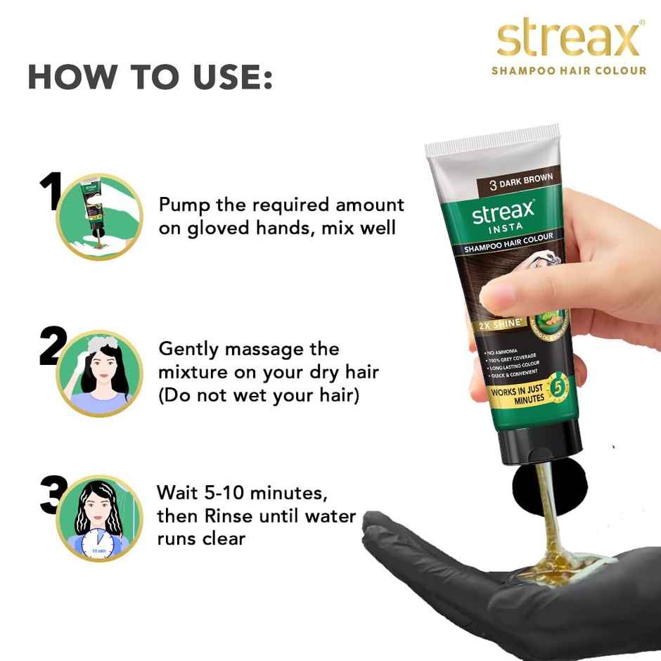 Streax Insta Shampoo Hair Colour - Dark Brown, Easy Diy- Squeeze Pack