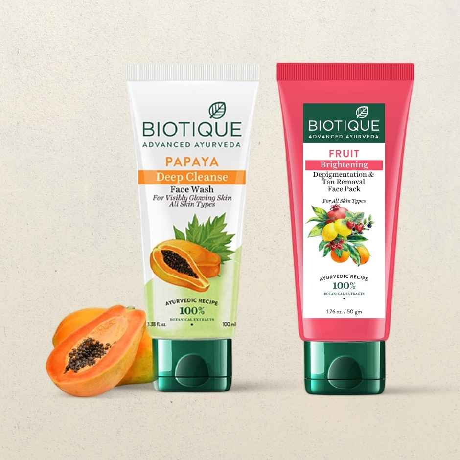 Biotique Fruit Brightening Depigmentation & Tan Removal Face Pack Tube(50gms) & Biotique Papaya Deep Cleanse Face Wash(100ml) Combo