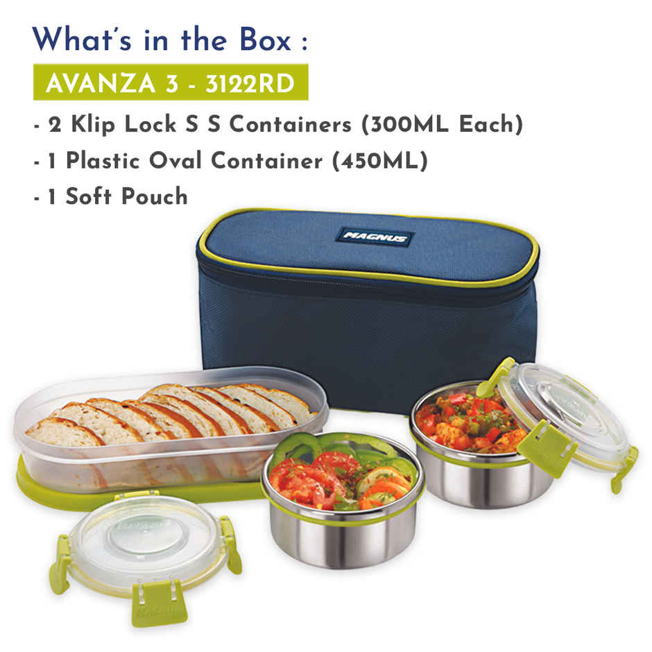Magnus Avanza 3 Steel Leakproof Lunch Box for School with Klip Lock Lid & Insulated Tiffin Bag