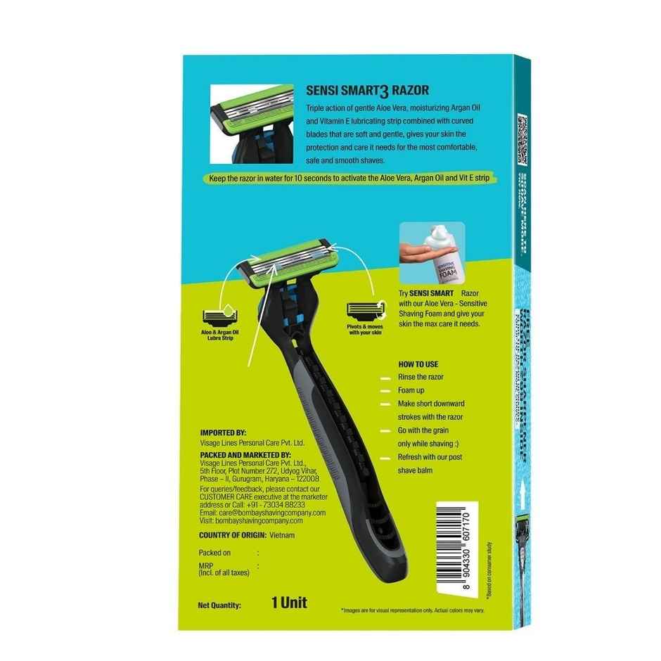Bombay Shaving Company Sensi Smart 3 Razor | Shaving Razor For Men | Aloe Gel And Argan Oil Lubra Strip (1pc) & Cartridge For Bombay Shaving Company Sensi Smart 3 Razor| Curved Blades Ensure Precise, Safe, And Smooth Shaves (2pc) Combo