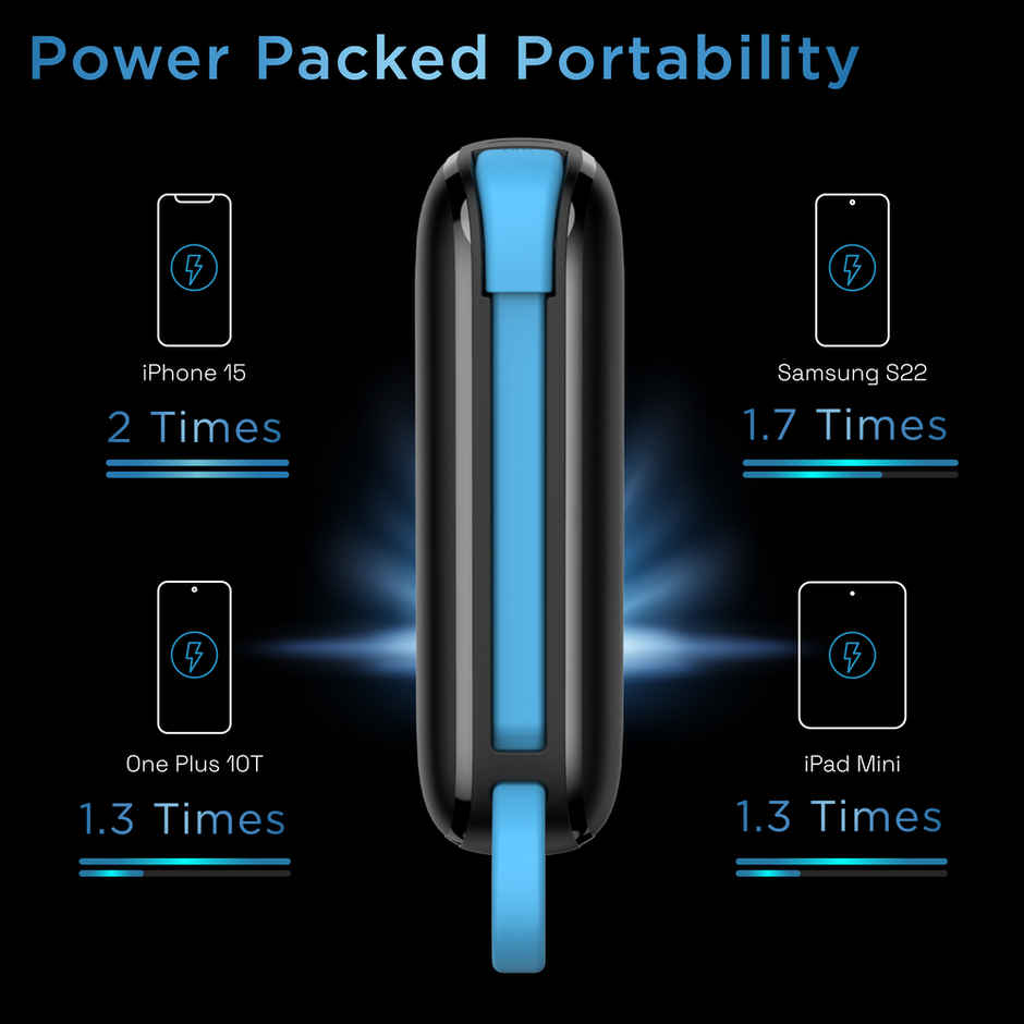 URBN 10000 mAh Nano Link Wired Power Bank with in-Built USB-C Cable| 22.5W Fast Charging | Type C PD (Input& Output) | Made in India | Two Way Fast Charge | for iPhone, Android & More - Black