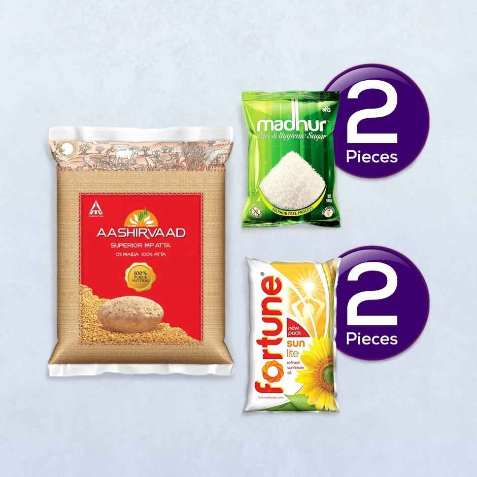 Aashirvaad Atta(10kg), Fortune Sunlite Refined Sunflower Oil(1l) & Madhur Pure & Hygienic Sugar(1kg) Combo
