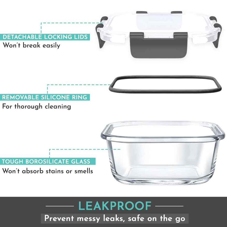 Magnus Glock 320 ml Square Grey Container with Airtight Lid & Detachable Lock, Borosilicate Glass