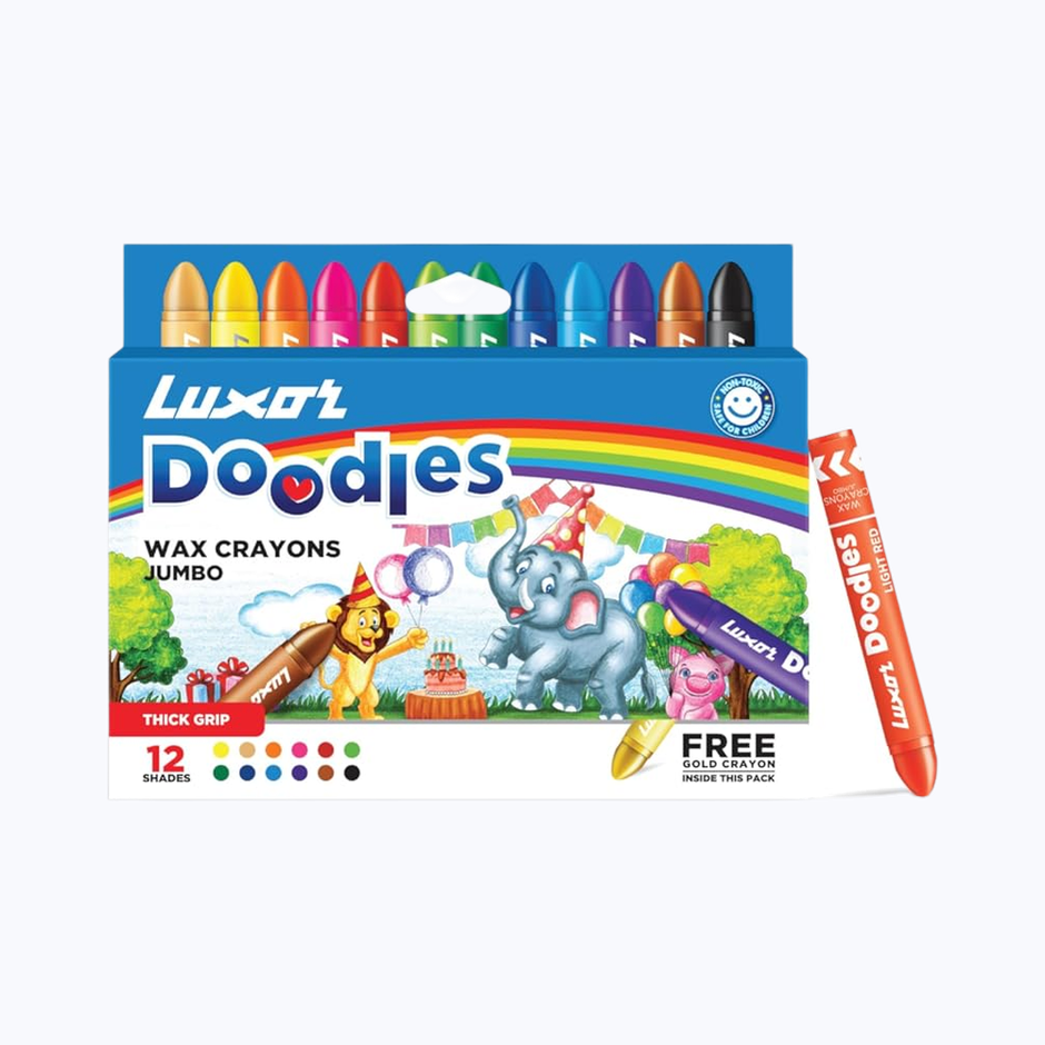 Luxor Doodles Jumbo Wax Crayons| 12 Assorted Shades| 1 Free Gold Crayon | Best For Young Artists