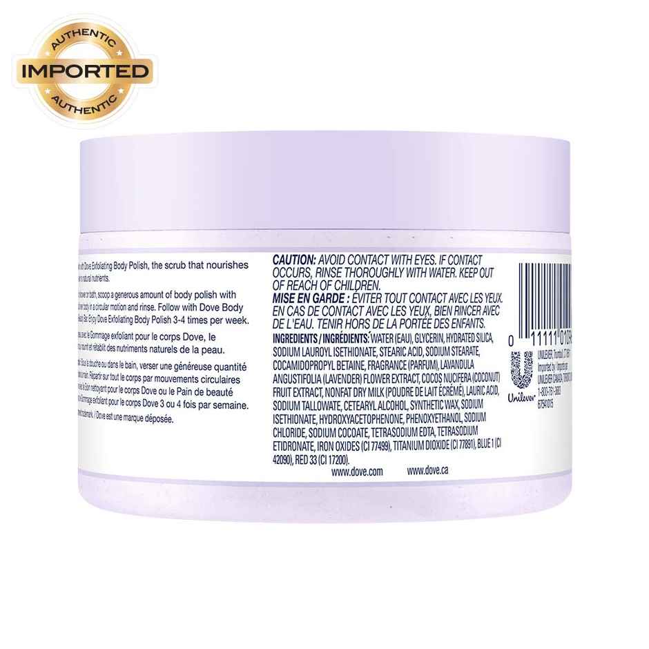 Dove Exfoliating Body Polish Scrub Crushed Lavender & Coconut Milk For Dry Skin