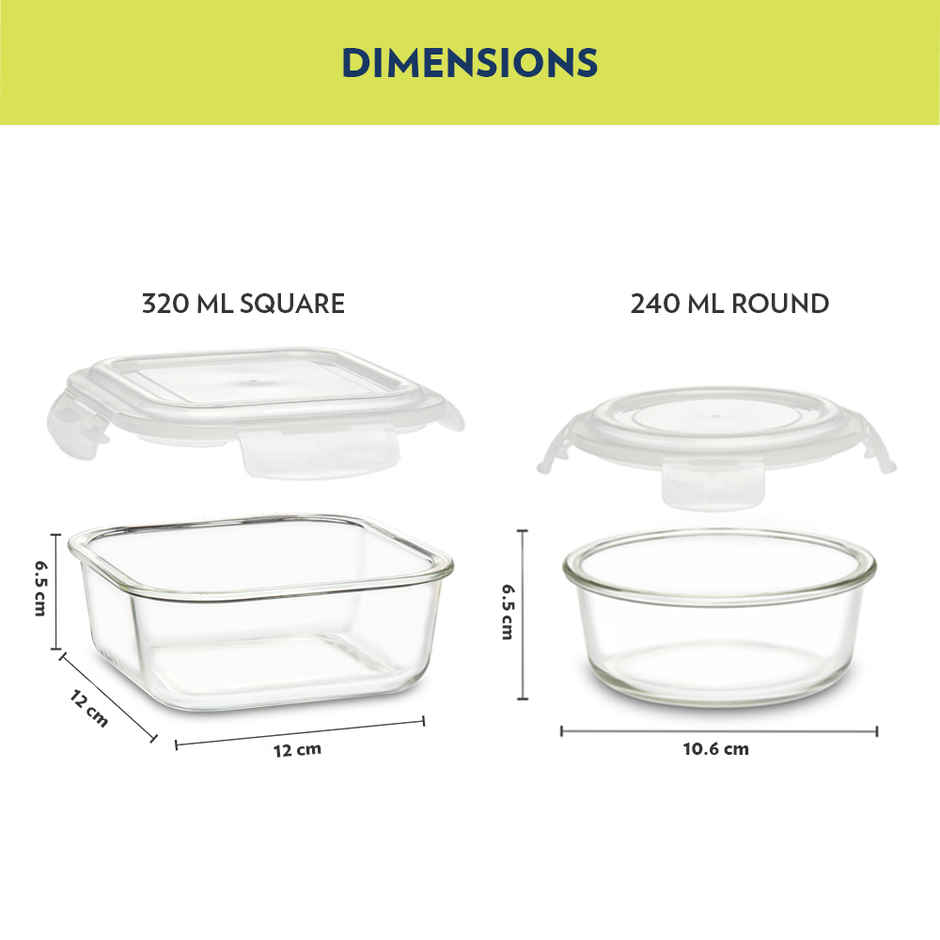 Borosil Stellar Daisy Square & Round Glass Lunch Boxes | Microwave Safe | 320 ml & 240 ml