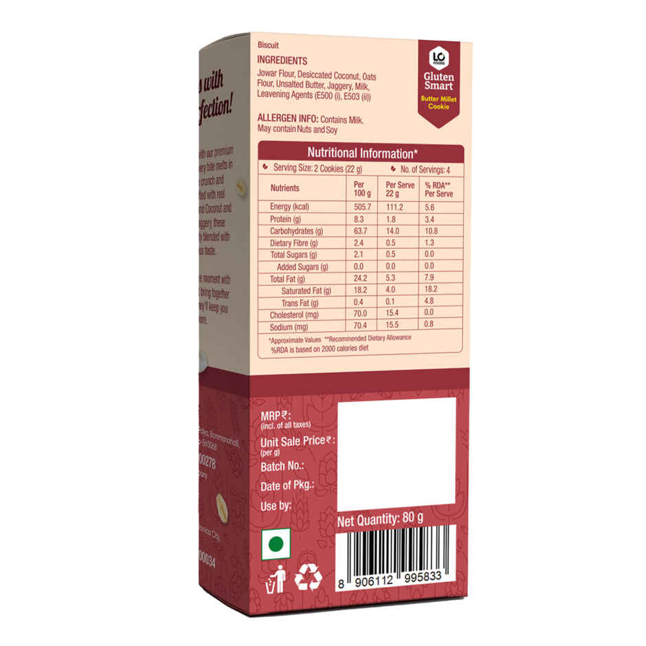 Lo Foods Gluten Free Butter Millet Cookies Biscuit |No Maida