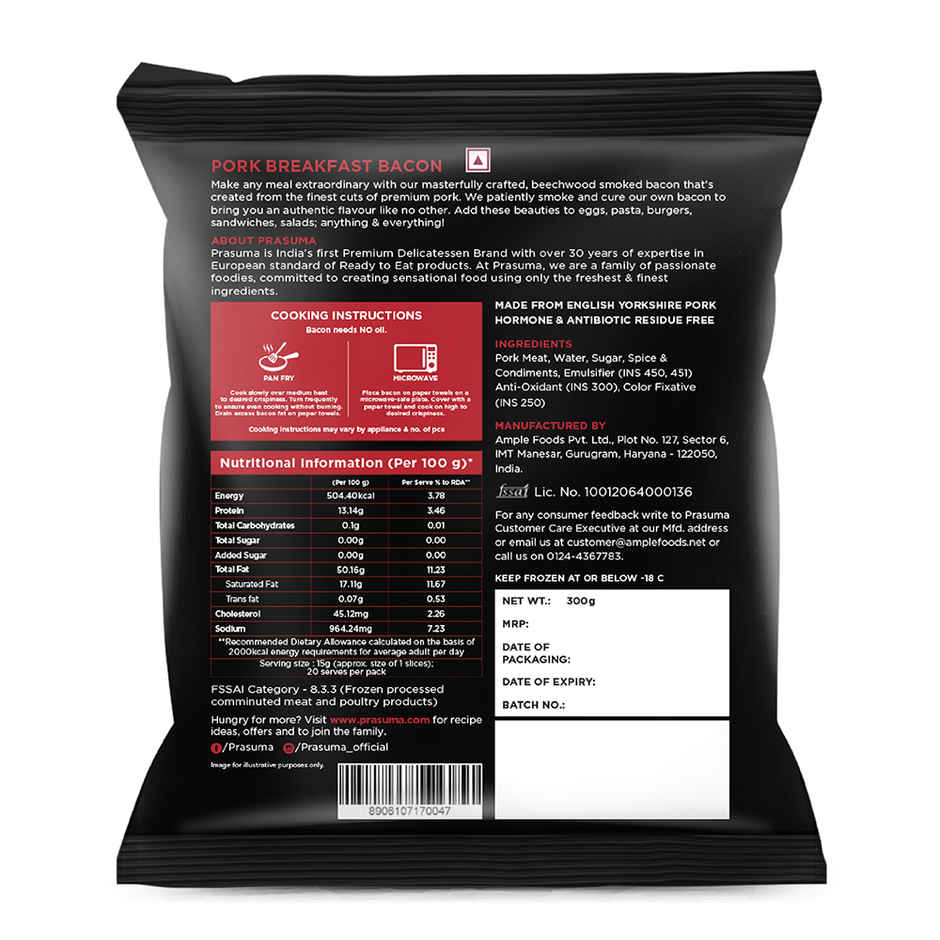 Prasuma Pork Breakfast Bacon 300g | Cured & Smoked | Imported Pork| India's No.1 Bacon