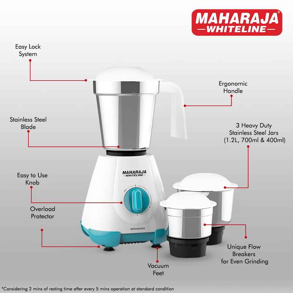 Maharaja Whiteline Novamixx Mx - 277 Mixer Grinder | 500 W | 3 Jars | Turquoise and White