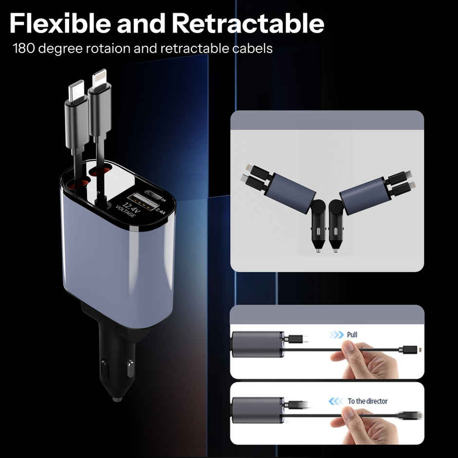 Ailkin 120W Retractable Car Charger 4-in-1 Fast Charger | USB-C & Lightning Cables | Dual USB Port