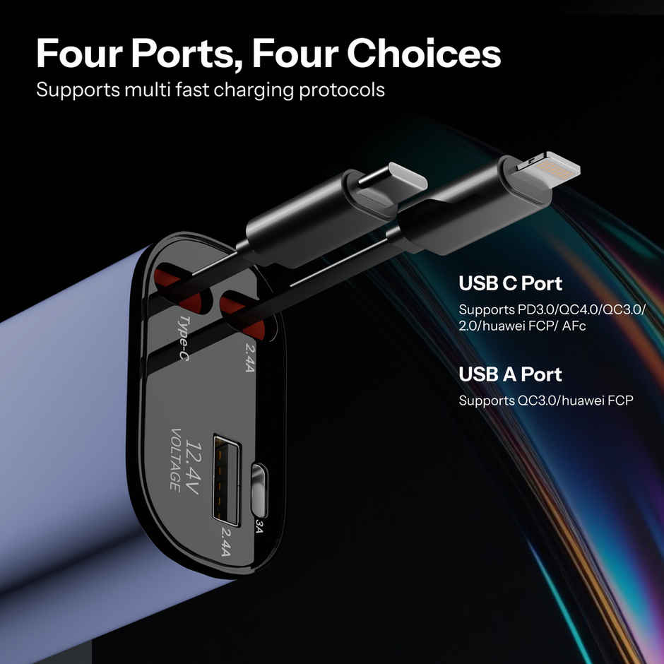 Ailkin 120W Retractable Car Charger 4-in-1 Fast Charger | USB-C & Lightning Cables | Dual USB Port