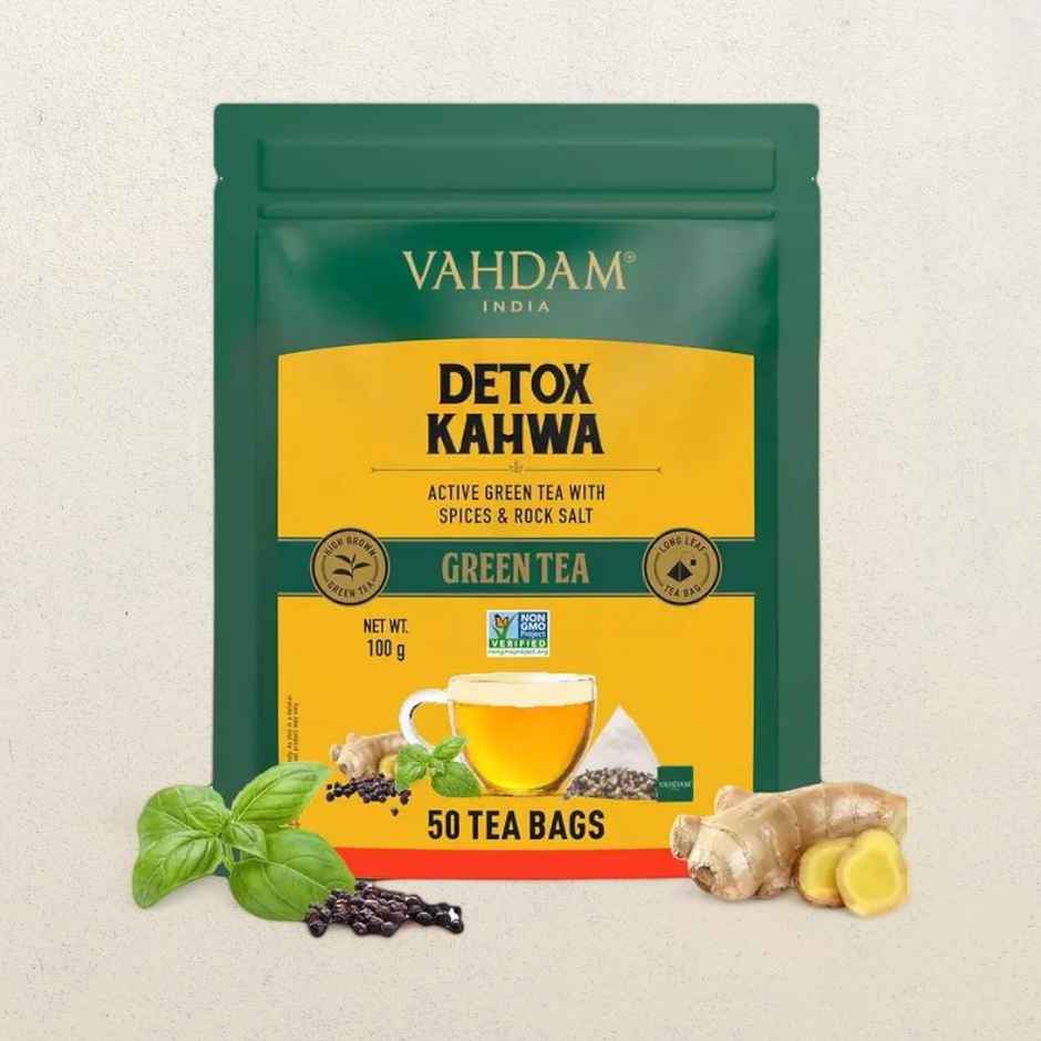 Vahdam Detox Kahwa Green Tea | 50 Pyramid Bags | Organic | Tulsi, Ginger, Clove & Black Pepper