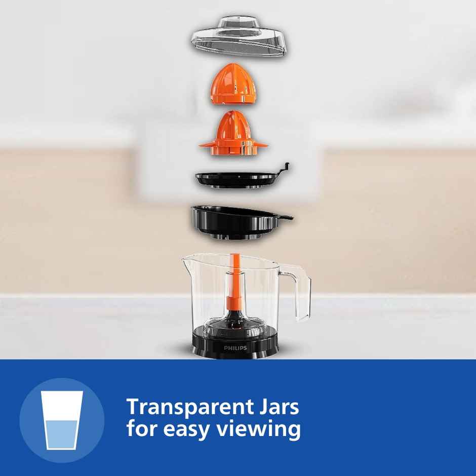 Philips HR2777/00 Citrus Press Juicer, 25 Watt, 0.5 Litre, 2 Sized Cones for different size fruit - Orange & Black