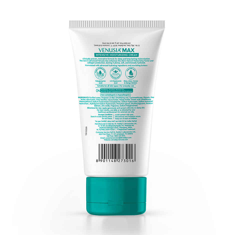 Venusia Max Intensive Moisturizing Cream with 4D Hyaluronic+Polyglutamic Acid | Dry to Very Dry Skin