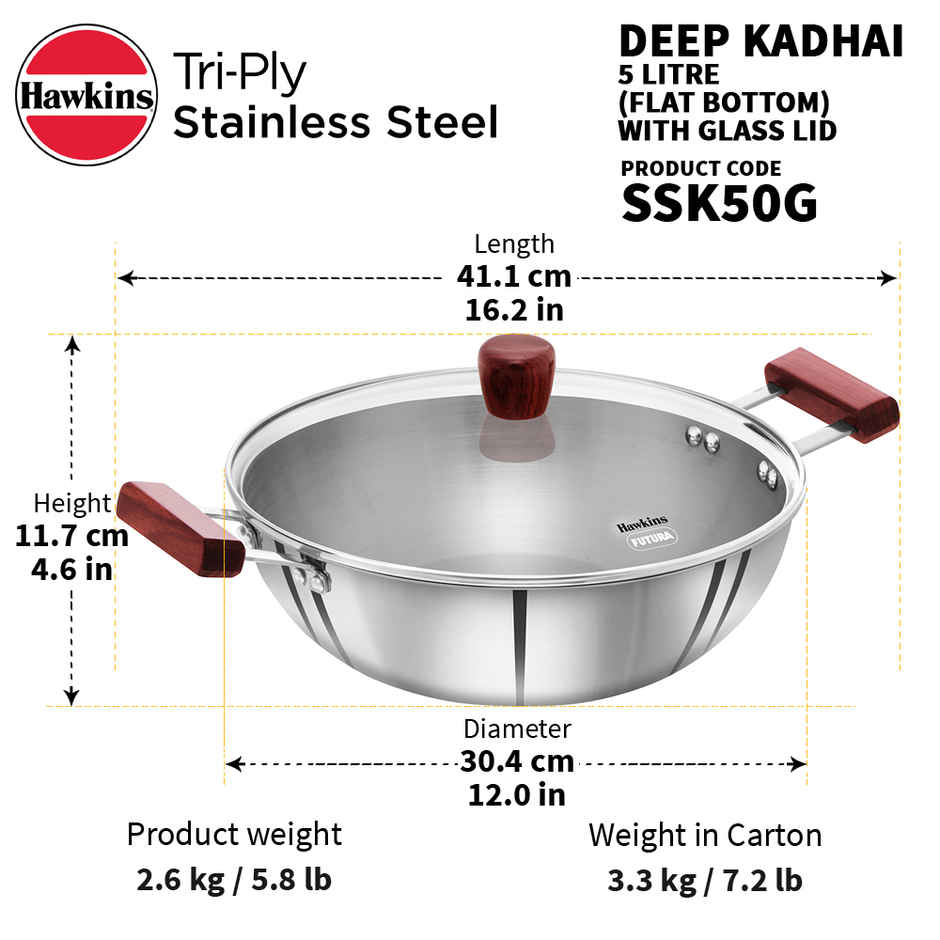 Hawkins Triply Stainless Steel Deep Kadhai with Lid | 5 L | Silver