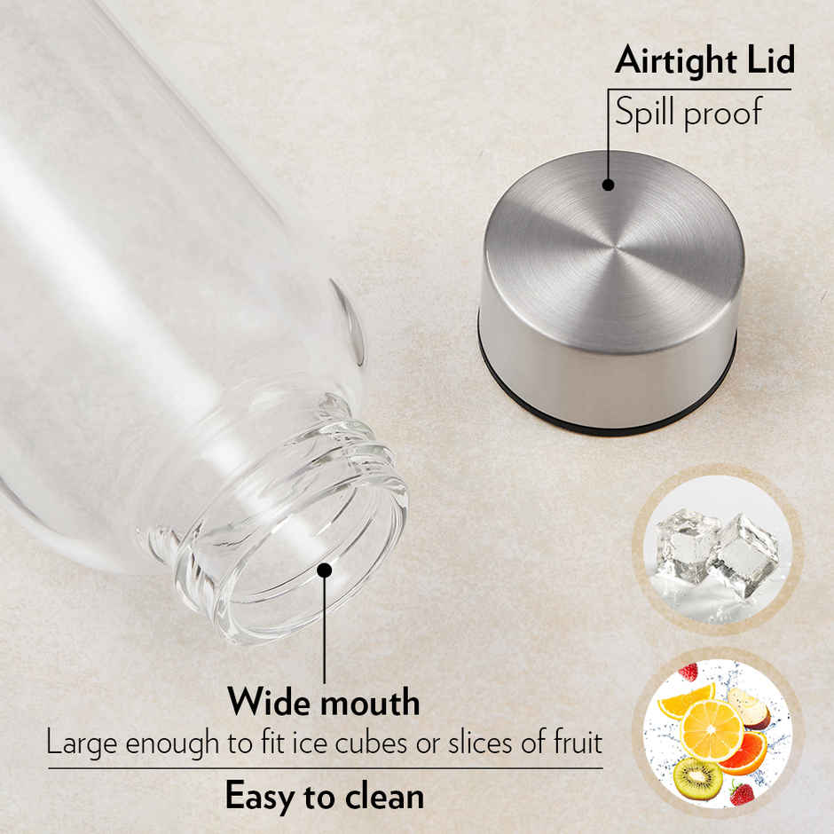 Borosil Crysto Narrow Mouth Borosilicate Glass Water Bottle with Steel Lid | 1 L