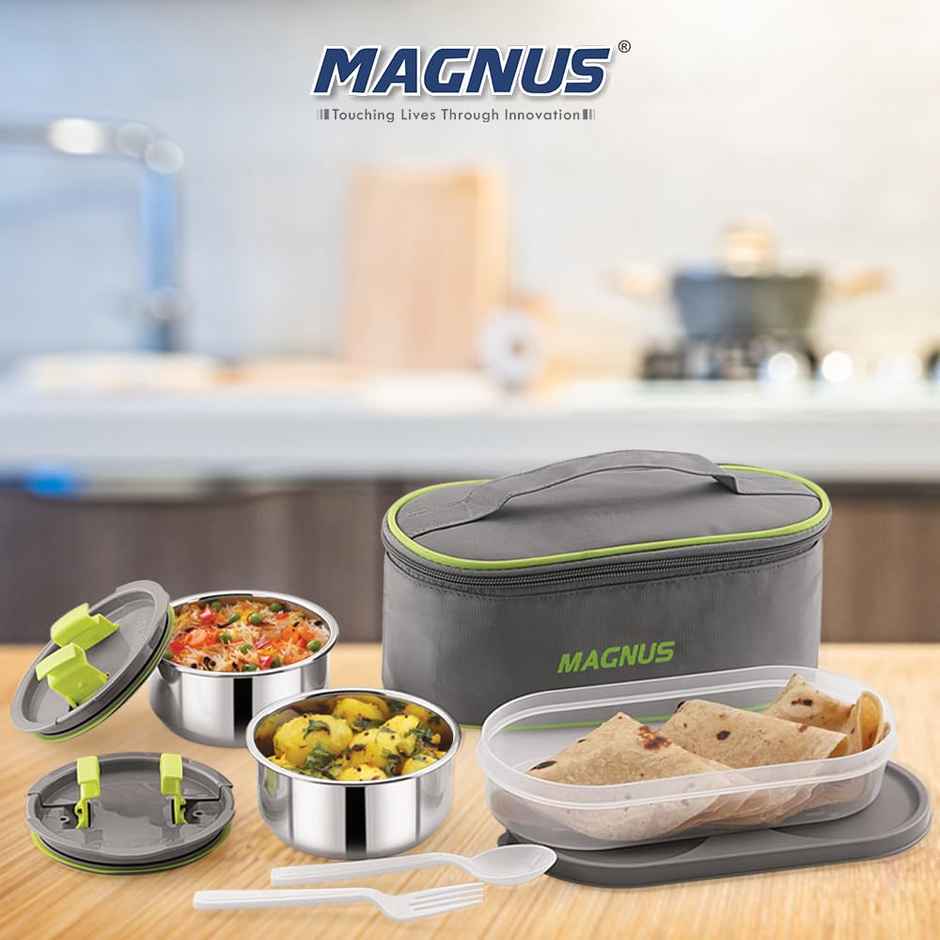 Magnus Olive 3 Lunch Box Set Leak-Proof Steel Containers for School with Insulated Bag (950 ml)