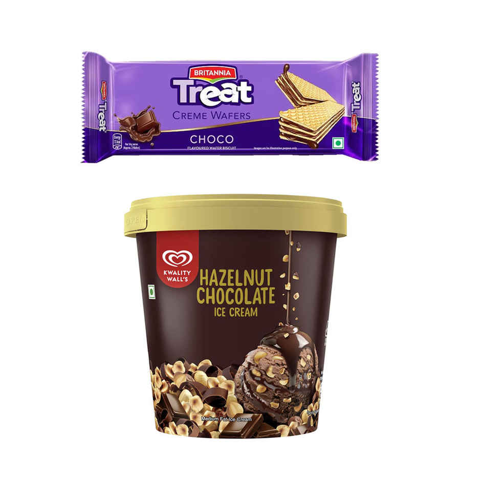 Kwality Wall'S Hazelnut Chocolate Ice Cream Tub(500ml) & Britannia Treat Creme Wafers Choco Flavoured Wafer Biscuit(55gms) Combo