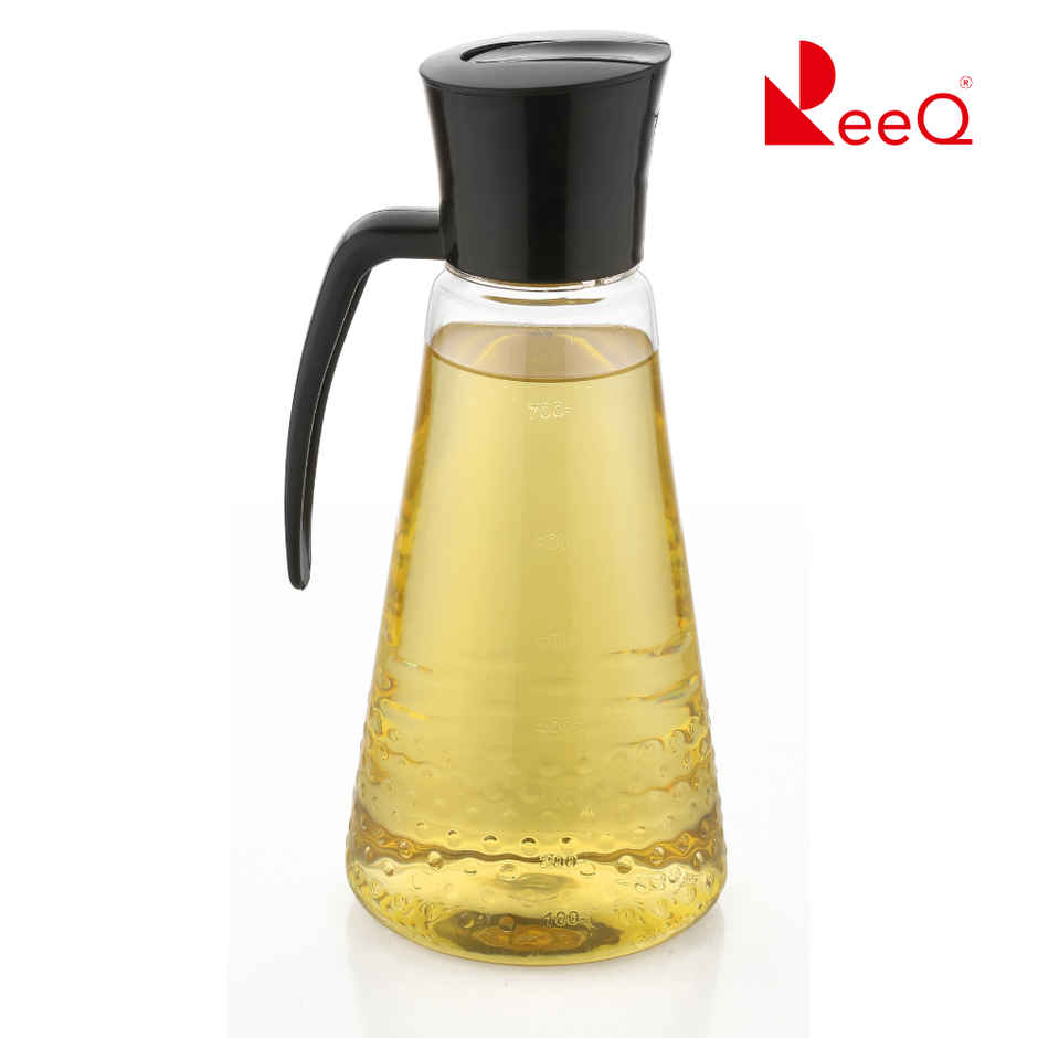 ReeQ Plastic Oil Dispenser Bottle with Handle | Transparent with Black Lid