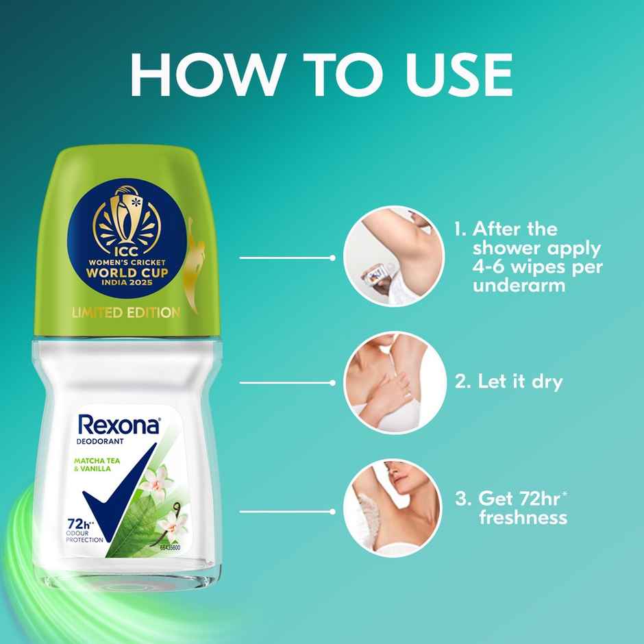 Rexona Antiperspirant Roll-On | Matcha Tea & Vanilla, 12-HSA & Glycerin