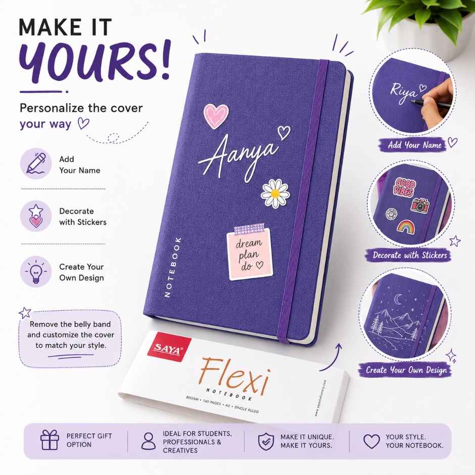 Saya A5 Flexi Notebook | Elastic Closure | Inside Pockets & Premium Writing Paper