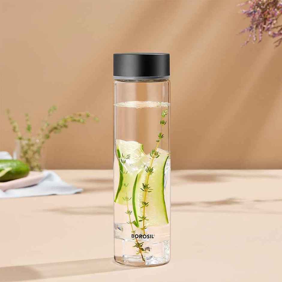Borosil Borosilicate Glass Neo Water Bottle with Stainless Steel Lid | Silver | 550 ml