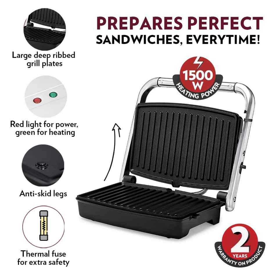 Borosil 1500W Jumbo Grill Sandwich Maker, Nonstick Coating Plates