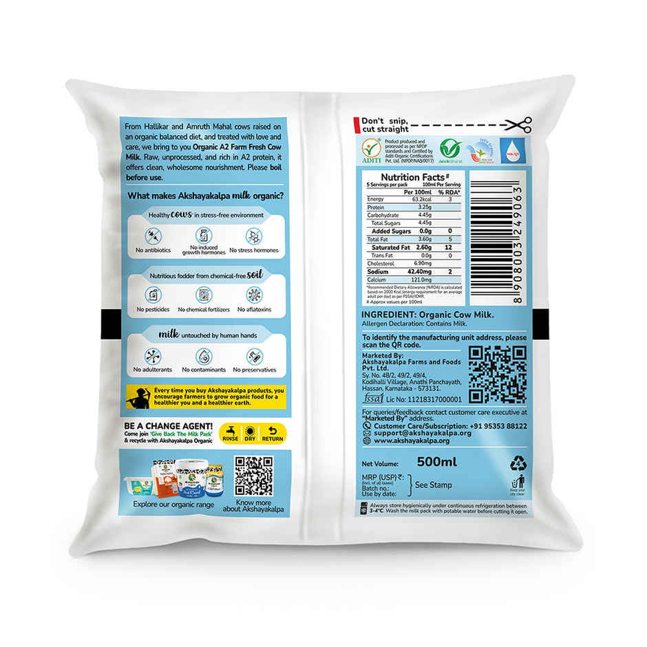 Akshayakalpa Amrutha - A2 Farm Organic Cow Fresh Milk | Pouch