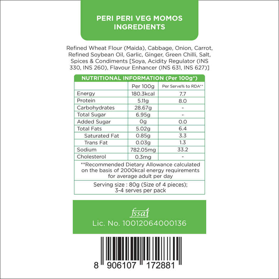 Prasuma Peri Peri Veg Momos 15pc, No Preservatives, MSG or Palm Oil