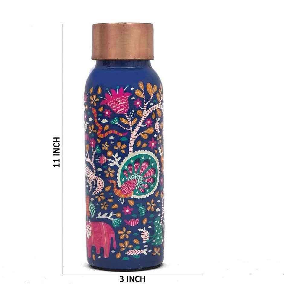 OGGN Blue Meena Printed Copper Water Bottle For Daily & Office Use 500 ml, Pure Copper