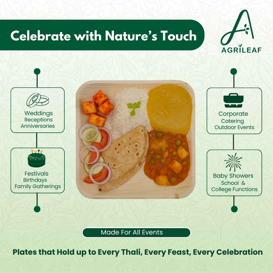 AGRILEAF 10 Inch Square Areca Palm Leaf Disposable Plates with Spoons | 5 Plates + 5 Spoons