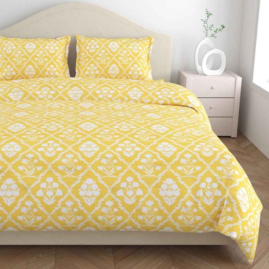 Haus & Kinder Marigold Majesty 186 TC Cotton Double Bedsheet | Yellow Printed | Flat Sheet