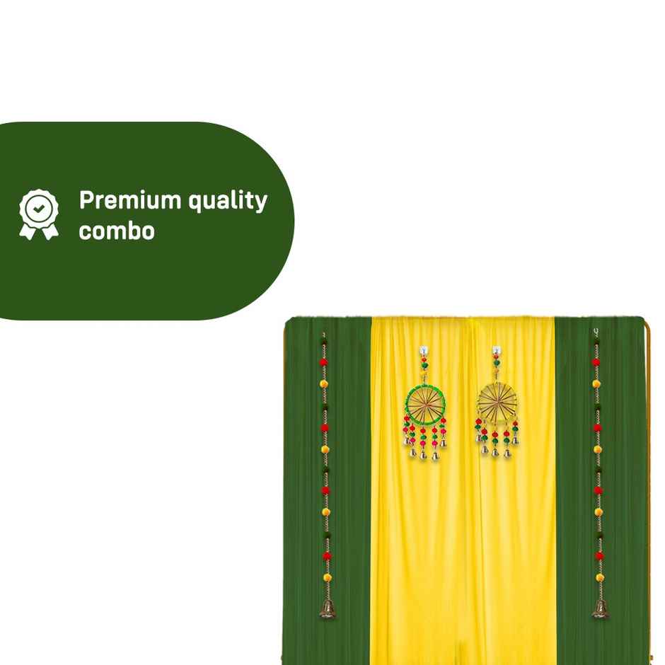 Green and Yellow Backdrop with Pom Pom Hangings for Haldi Mehndi | Party Propz