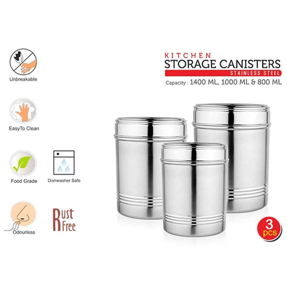 Vinayak Stainless Steel Canister Set (800, 1000, 1400 ml, 3 Pieces)