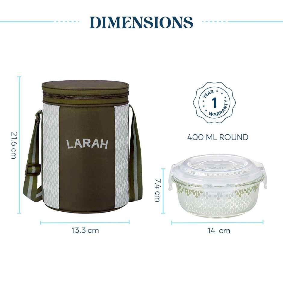 Larah Glassware Gracia Borosilicate Glass Lunchbox, 3pc Round Container | 400 ml | Microwave Safe